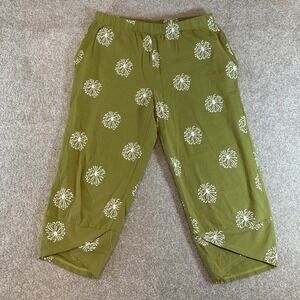 Womens Green Dandelion Print Cropped Capri Pants Elastic Waist size M